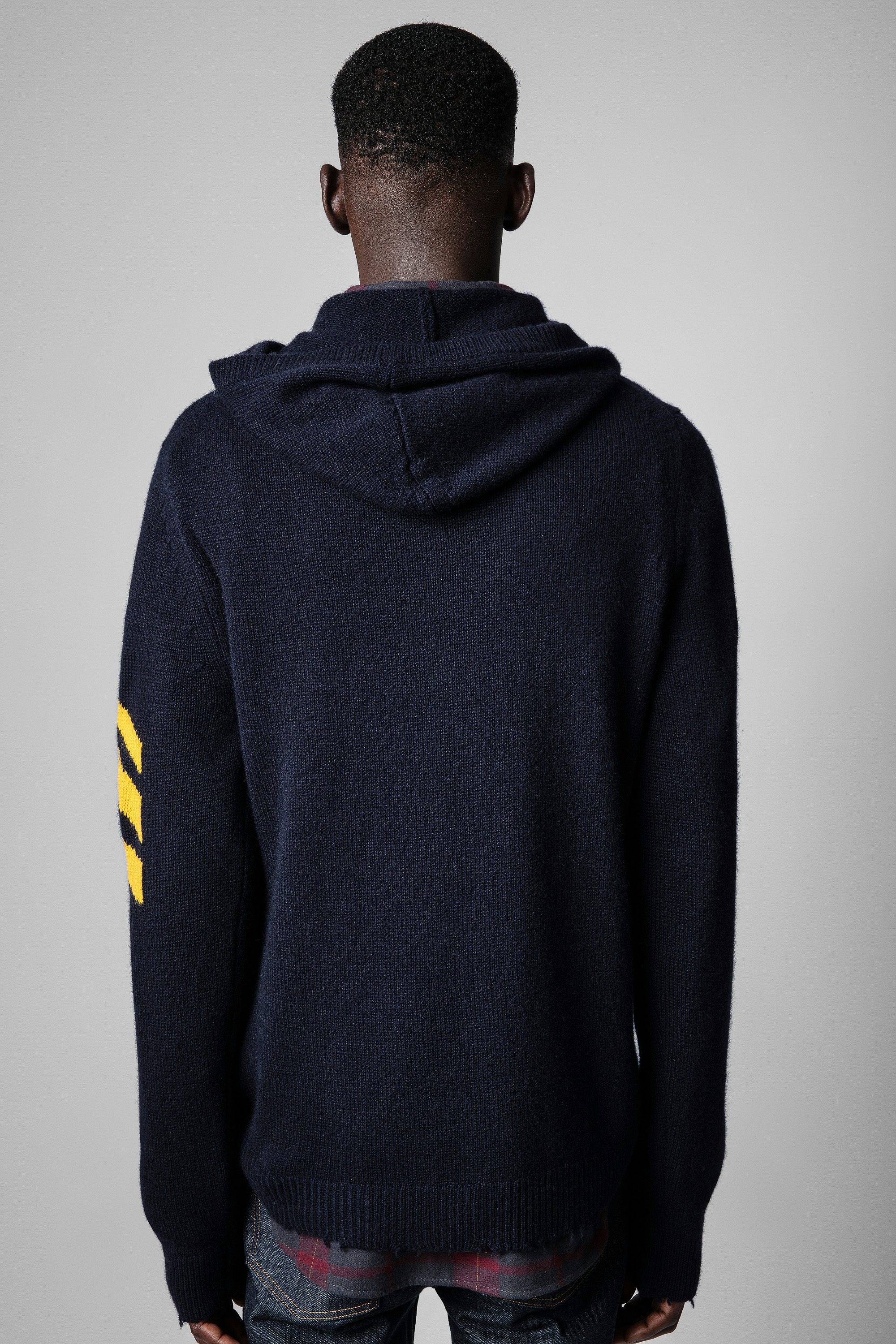 Clay Cashmere Sweater - Men's hoodie in navy blue cashmere adorned with arrows on the sleeves